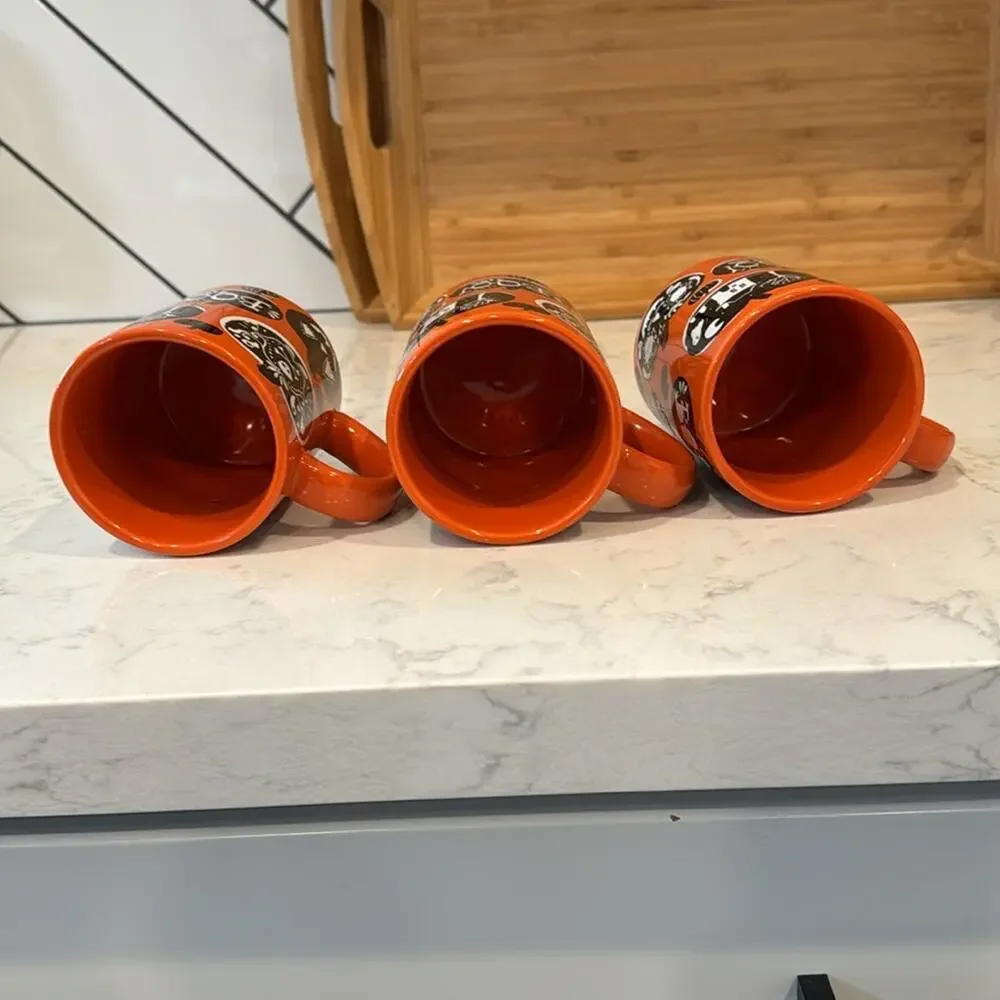 Crate & Barrel Halloween mugs BOO PUMPKINS Orange Black 14 oz x3